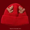 Christmas Hat Autumn and Winter New Red Knitted Hat Women's Antlers and Velvet Warm Woolen Hat