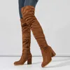 Frühling herbst Neue High Top Seitlichem Reißverschluss Über Knie Lange Stiefel Frauen Reife Flock Runde Motorrad Starke Ferse 230922