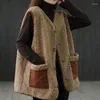 Gilets pour femmes gilet sans manches cardigan vintage automne/hiver veste mode coréenne chaud fausse laine d'agneau manteaux doublés de fourrure hauts surdimensionnés