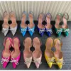 Amina muaddi klänningskor sandaler satin spetsiga slingbacks bowtie pumpar kristallförsäljare högklackade sko7cm kvinnors designer party