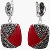 Nobile lacca rossa intagliata Marcasite Anello quadrato in argento sterling 925 # 7-10 Orecchini Set di gioielli Pandent302w