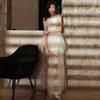Ethnische Kleidung Elegante Stickerei Applikationen Feder Tube Top Chiffon Abendkleid Cheongsam Zurück Reißverschluss Prom Fomail Kleid Vestidos De Noche