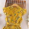 Kız Elbiseler 2023 Yaz Varış Kızlar Kolsuz Ruffles Baskı Çiçek Sarı Roupa Infantil Menina Sevimli Cheongsam Elbise Custume 18m-7t