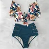 Women's Swimwear High Waist Ruffled Sexy Bikini Set 2023 Flounce Biquini Women Two Pieces Swimsuit Floral Beachwear V-Neck Bathing Suit