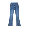 Jeans femininos fenda mulheres primavera e outono cintura alta emagrecimento fino mop ferradura micro-chifre calças alongadas
