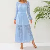 Casual Kleider Frauen Spitze Kleid Herbst Sexy Durchsichtig Lange Weibliche Blumendruck N Vintage Elegante Hülse Plissee Robe Longue