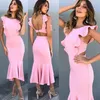 Nieuwe ontwerp vrouwen o-hals mouwloze ruches patchwork leuke effen kleur terug cuout sexy bodycon zeemeermin maxi lange party dress274B