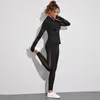 Aktiva uppsättningar 1 Set Winter Fitness Yoga Kvinnor Solid Color Stretch Athletic Suit dragkedja Jacket Hög midja Leggings Kvinnliga sportkläder svart