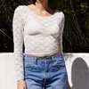 Dames T-shirts Dames Zwart Lange mouwen Sexy Mesh Sheer Floral Lace Nauwsluitend ondergoed Trend In 2023 Lente Herfst Casual Basic