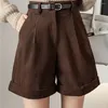 Women's Shorts Casual Corduroy Cargo With Belted Autumn Winter High Waist Wide Leg Vintage Female Trouse2023