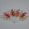 Decorative Flowers 10PCS Christmas Accessories Gold Red Berry Bean Twig Branch For DIY Xmas Handmade Flower Bouquet Decoration Artificial