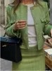 Skórzana damska sztuczna skórzana zielona zielona tweedowa spódnica szykowne stroje pojedyncze kieszenie na piersi płaszcz Slim Krótkie zestawy