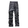 Pantalons pour hommes Hip Hop Hommes Plissé Pu Cuir Harajuku Rétro Streetwear Lâche Ruché Pantalon Décontracté Droite Couleur Unie Noir 231027