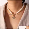 Pendant Necklaces 17Km Vintage Necklaces For Women Fashion Mti-Layer Shell Knot Pearl Chain Necklace 2021 Coin Cross Choker Dhgarden Otbbl