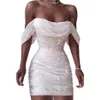 Женское платье с открытыми плечами, летнее женское платье без бретелек с открытой спиной, блестящий блестящий сарафан для свадебной вечеринки, облегающее платье с рюшами, короткие мини-платья Q229k