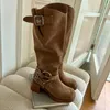 Boot Fashion Pleated Western Retro Square Toe Chunky Heel Cowboy Woman Autumn Slip on Mid Calf Cowgirl Botas Mujer 231026
