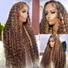 Syntetiska peruker 36 30 tum Highlight Ombre Deep Wave 13x4 Spets Frontal Wig Honey Brown Colored 13x6 Curly Transparent Front Hume Hair 231027