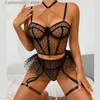 Conjunto sexy ECTOOKO 3 piezas Sujetador negro Ver a través de lencería de malla para mujeres con cadena decorada Conjunto erótico de hadas Conjunto de ropa interior sexy panty T231027