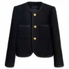 Kvinnorjackor Luxury Black Tweed Jacket Womens Designer O-Neck Cropped Coat Fashiom ull Single Breasted Top Ladies Woolen