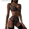 Sexy Set ECTOOKO Lace Polka Dot Erotic Lingerie Suspenders Three Point Four-piece Set with Bib Waist Bow Ultra-thin See-Through Clothing T231027