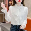 Casual Langarm Weißes Hemd Design Essbare Baum Pilz Stehkragen Chiffon Bluse Frauen Flare Hülse Rüschen Tops Frau