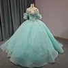 Verde chiaro lucido O-Collo 3D Fiori Perline Abito Quinceanera Abito da ballo Abito gonfio 16 ° compleanno Debutto vestido de charra 15 anos