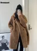 Kvinnors päls faux lautaro Autumn Winter Long Overized Brown White Blue Whetm Warm Soft Teddy Coat Women With Hood Stylish Overcoat 231026