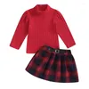 Ensembles de vêtements Fernvia enfant en bas âge enfants bébé fille tenues de noël hauts en tricot côtelé boutons à carreaux mini jupes 2 pièces ensemble de vêtements d'hiver d'automne