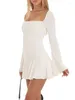 Casual Dresses Women Sweet Ruffled Hem Mini Dress Backless Tie Up A Line Bodycon Long Sleeve Cute Party