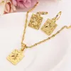 african dubaii india arab Fashion Shield Pendant Necklace Set Women Party Gift 24k Yellow Solid Gold Filled square Earrings Jewelr271Y