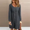 Robes décontractées Col rond pour femme Jupe boutonnée Couleur unie Taille à manches longues Robes d'été courtes pour femmes Robe trapèze avec boutons