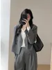 Calças femininas de duas peças blazer conjunto mulheres 2023 outono manga comprida v-pescoço duplo terno jaqueta cintura alta perna larga cinza y2k outfits