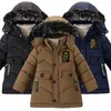 Jacken 2023 Stil Winter Halten Warme Jungen Jacke Buchstabe F Mode Futter Mit Plüsch Pelz Kragen Mit Kapuze Schwerer Mantel für Kinder 231026