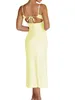 Casual Dresses Women Summer Midi Evening Dress Yellow Sleeveless Side Split Ruched Tie Up Party