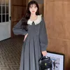 Casual Dresses Vintage French Style Pleated A-Line Grey For Women Long Sleeve Elegant Preppy School Student Square Collar Party Clothes