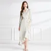 Luxe Zijde Witte Wrap Maxi Jurk Dames Designer Lantaarnmouwen Gordel Kant Strik Ruches Feestjurken Gewaad Herfst Winter Vakantie Runway V-hals Slanke Ruches Jurken