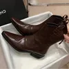 Boots Western Cowboy Women Black Brown Handmade Chelsea for Woman 2024 Pointed Wedge Heel Female Pleated Botas 231026
