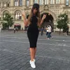 Kvinnor Bodycon klänningar sommar sexig ny fitness svart besättning hals kort hylsa mantel smal knä längd klänning294a
