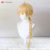 Costumi Catsuit Gioco Genshin Impact Traveller Lumine Aether Cosplay 50/80cm Giallo dorato Resistente al calore Parrucche per capelli per feste Anime + Protezione per parrucca