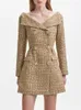 Casual Jurken Vrouwen Sexy Off-Shoulder Tweed Mini-jurk Gouden Knopen Lange Mouw 2023 Herfst Elegante Vrouwelijke A-lijn korte Gewaden