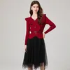 Work Dresses Elegant Women V Neck Irregular Ruffles Red Knitted Suits Autumn Single Breasted Sweater Cardigan Black Mesh Skirt Two Piece Set
