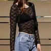 Women's T Shirts Women Black Long-sleeved Sexy Mesh Sheer Floral Lace Slim Fitting Underwear Trend In 2023 Spring Autumn Casual Basic