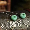 Dingle örhängen 925 silver inlagd naturlig en lastböna grön jade ping-button örhänge ultrande vintage kvinnor burmeser