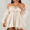 Robes décontractées Printemps Femmes Solide Hors Épaule Volants Garniture Couche Mesh Robe 2022 Femme Une Ligne Mini Robe De Soirée Boho Lady Club Outf225N