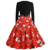 Casual Dresses Womens Vintage Long Sleeve Christmas Cute Printed Round Neck 1950s Housewife Evening Party Prom Dress