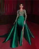 2023 Emerald Green Formal Dress Full Long Sleeves Satin Sexy Slit Beads Party Prom Gowns Elegant Mermaid Evening Dresses 328 328