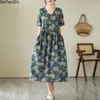 Party Dresses Summer Print Short Sleeve V-Neck Vintage Cotton Linen Midi Dress Women Loose Casual Holiday Robe Ladies Elegant Clothing