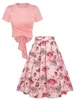 ワークドレス2ピースセット夏の女性丸いネックTシャツ弓印刷フラワースカートスーツミッドカーフマッチセットレディーススウィート