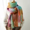 Scarves Winter Plaid Scarf Pashmina Women Cashmere Thick Wraps Lady Shawls Tassel Warm Rainbow Hairy Bufanda 231027