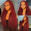 Syntetiska peruker 13x6 HD spets frontala peruk 30 32 34 99J Bourgogne 360 ​​Full Curly Front Human Hair Red Colored 13x4 Deep Wave 231027